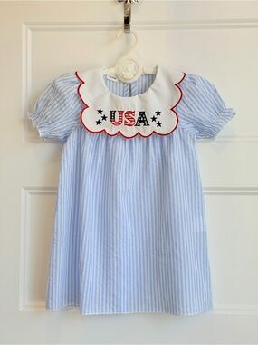 Blue Striped Girls' Embroidered USA Bib Dress